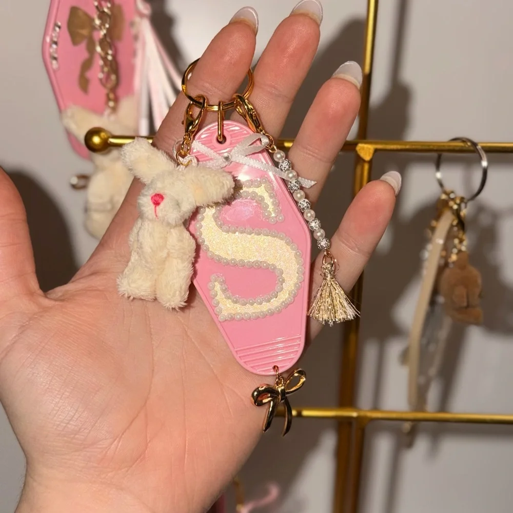 Pink Keychain with Gold Letter S and Bunny Charm